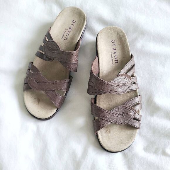 Aravon Kendall Slide Sandals Women's US 8B Brown Leather Upper Comfort WSK10BZ - Picture 1 of 6